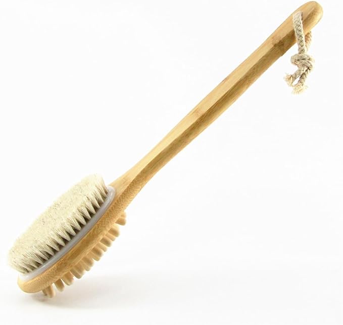 Bamboo Handle Dry Body Brush with Soft Natural Horsehair Bristles & Solid Wood Massage Nodes, Dual-Sided Long Handle Bath Shower Brush Back Scrubber. (15.7" White)