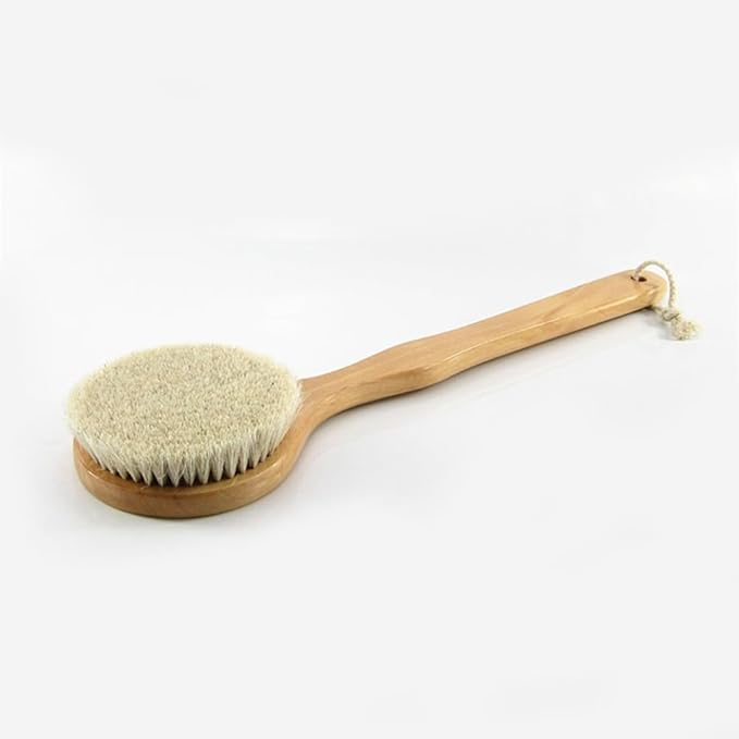 16” Extra Long Handle Dry Bath Body Brush Back Scrubber, Wood Handle Bath & Shower Brush with Soft Dense Horsehair Mane Natural Bristles. (Brown)