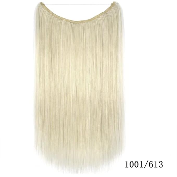 iLUU 22"/80g White and Bleach Blonde Piano Ombre Color Transparent Fishing Line Hair Extensions Synthetic Hairpieces Invisible Secret Hidden String Hair Extension Straight Hair for Women
