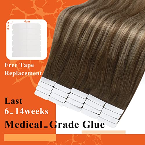 Full Shine Human Hair Tape in Extensions Color 4/24/4 Medium Brown to Honey Blonde 22 Inch Real Human Hair Tape in Extensions Silky Straight Travel Friendly Styling 20Pcs 50gram