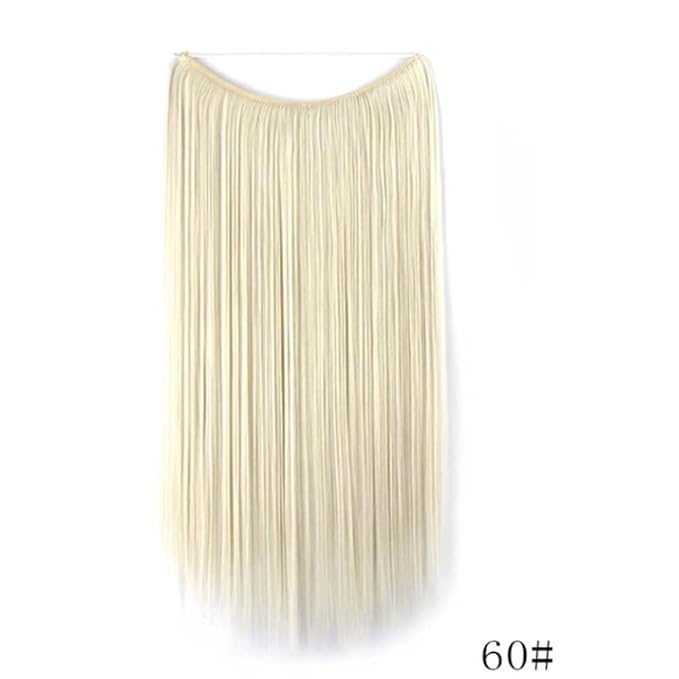 iLUU 22" 80g Long Natural Straight Hairpiece #60 Platinum Blonde Color Hidden Fishing Line Secret String Synthetic Hair Extensions with Transparent Fish Line for Women Party Daily Use