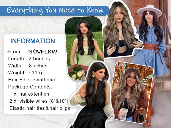Brown Highlight Invisible Wire Hair Extensions Long Wavy Synthetic Hairpiece with 4 Secure Clips for Women 20 Inch Clip in Hair Extensions