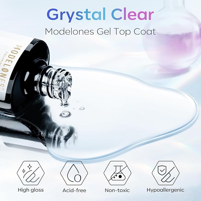 modelones Gel Top Coat, 2Pcs Clear Glossy Finish No Wipe Top Coat Winter Gel Nail Polish, Acrylic Nails Soak Off Nail Lamp Nail Art Home and Professional Manicure 10ML