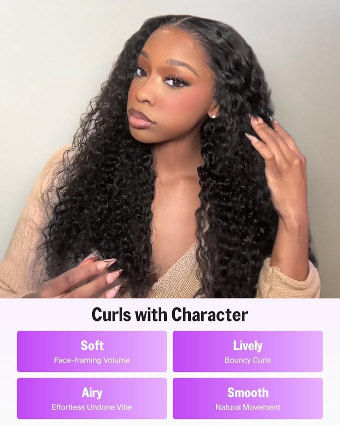 13x6 Three-Go™ Glueless Lace Front Wigs Human Hair Deep Wave Glueless Wig Pre Plucked Pre Cut HD Lace Frontal Drawstring Burmese Curly Wig Human Hair 220% Density 24 Inch