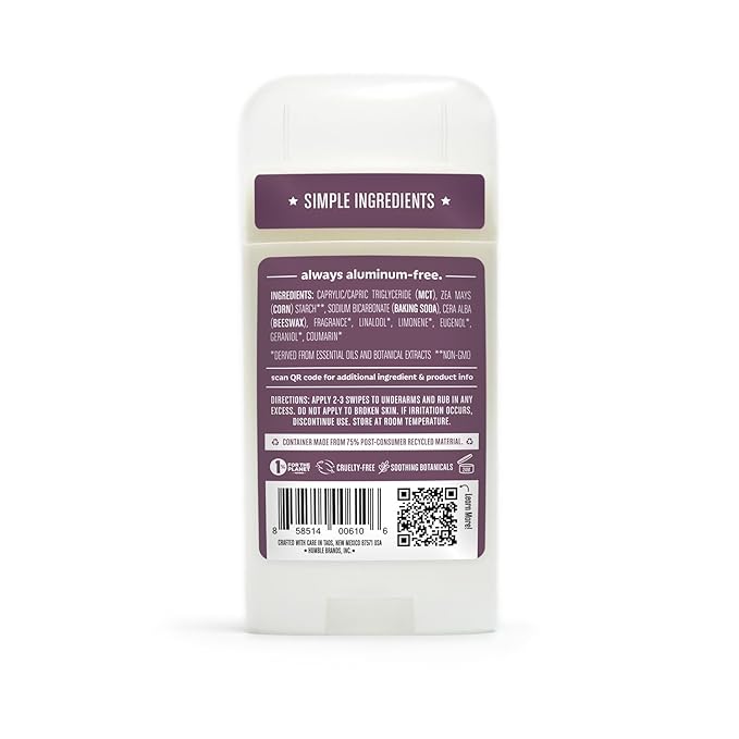 HUMBLE BRANDS Original Formula Aluminum-free Deodorant. Long Lasting Odor Control with Baking Soda and Essential Oils, Lavender and Holy Basil, Pack of 3
