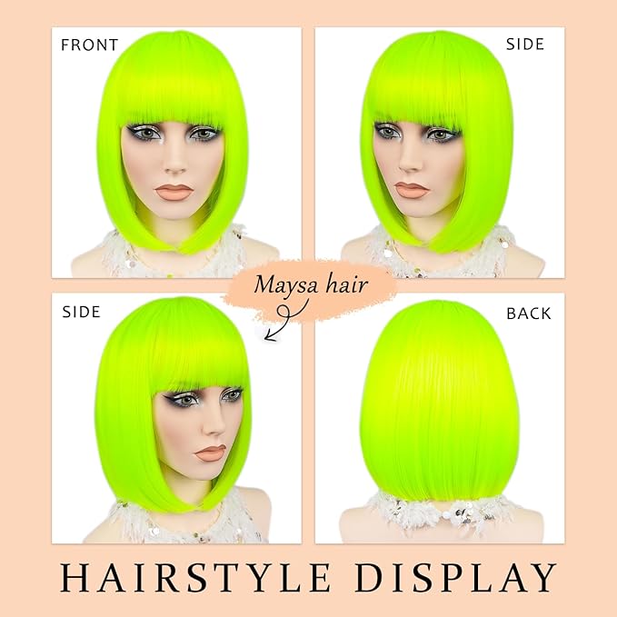 MAYSA Bob Wig with Bangs Green Wig 12inch Short Wigs for Women Synthetic Colorful Cosplay Party Wigs # Fluorescent Green