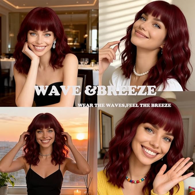 WAVE&BREEZE Red Wigs for Women Wavy Bob Wig with Bangs Short Curly Synthetic Hair Wigs Natural Looking Daily Hair Replacement Wigs for Cosplay Costume Party Use