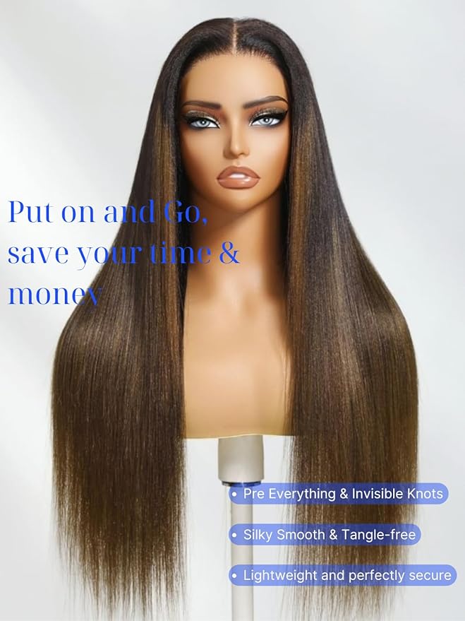 Nadula Chestnut Brown Ombre Yaki Straight Bye Bye Knots Glueless Wig Human Hair with Elastic Drawstring,Highlight Pre Cut 7x5 Invisible Knots HD Lace Front Wigs,Pre Everything Light Yaki Wig 20inch