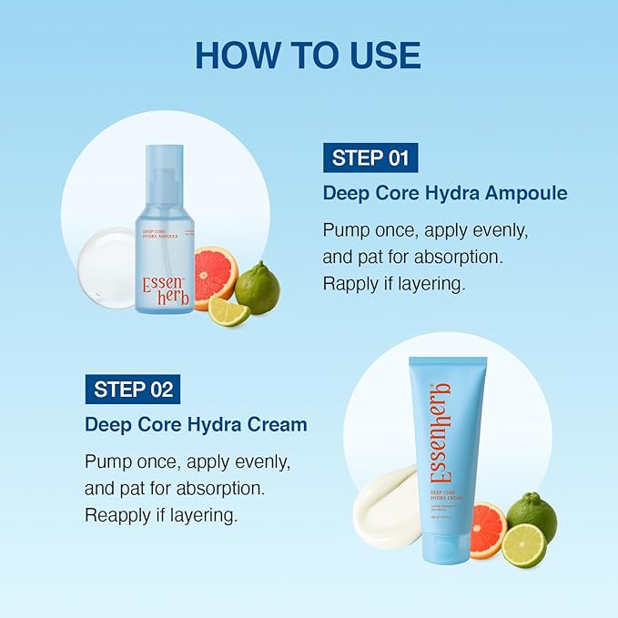 Deep Core Hydra Cream + Deep Core Hydra Ampoule | Korean Skincare Moisture Care Duo with Hyaluronic Acid, Lightweight Hydration for Dry or Combination Skin