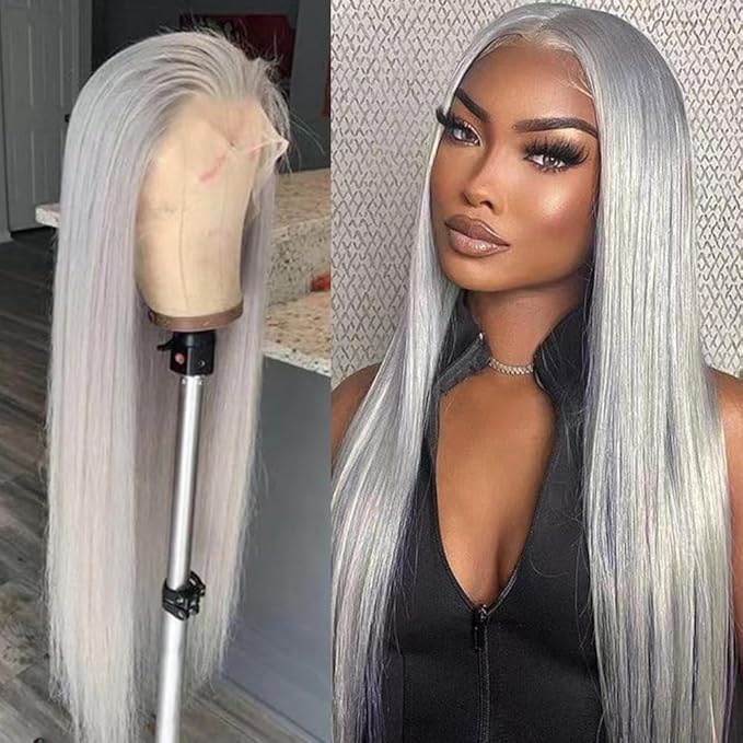 26-32 inch hand woven black long straight hair wig with lace front, elegant long straight hair, chemical fiber wig (silver gray, 26inch)