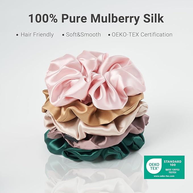 THXSILK Pure Mulberry Silk Scrunchies - Cute Ring Hair Ties for Women with Thick Hair, Black