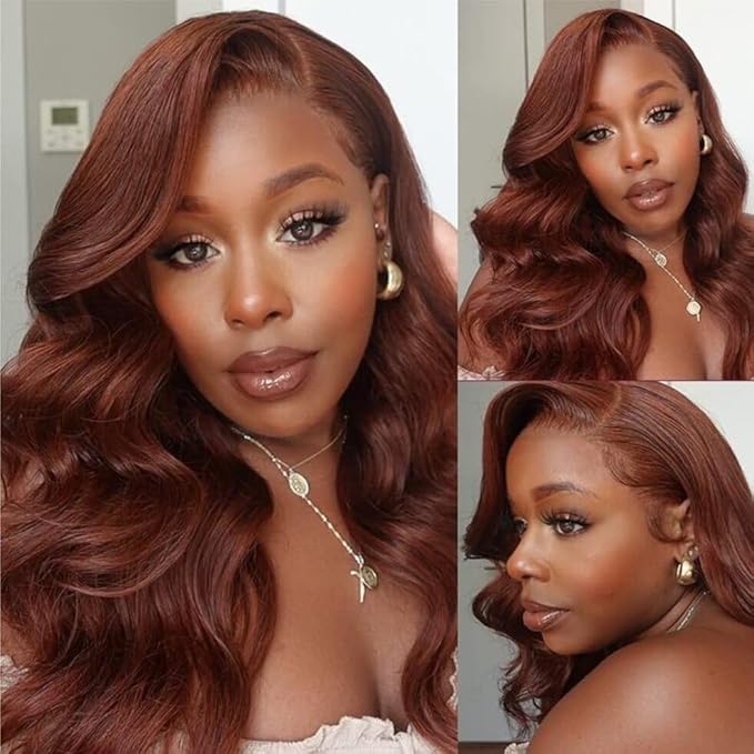 UNICE Reddish Brown Body Wave Human Hair Weave 3 Bundles 12 14 16 inch, Brazilian Remy Hair Auburn Brown Copper Red Human Hair Wavy Weaves for Sew in Extensions 33B Color