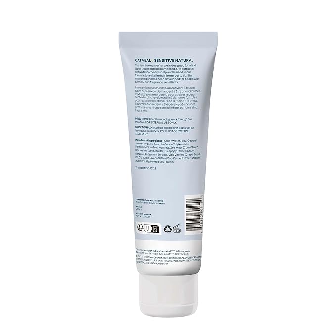 ATTITUDE Extra Gentle Hair Conditioner for Sensitive Dry Scalp, Soothing Oat, Naturally Derived Ingredients, Dermatologically Tested, Vegan Detangler, 8 Fl Oz