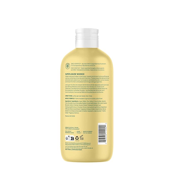 ATTITUDE Body Wash, EWG Verified Shower Gel, Dermatologically Tested, Plant and Mineral-Based, Vegan Personal Care Products, Earl Grey & Fresh Cucumber Scent, 16 Fl Oz (Pack of 3)