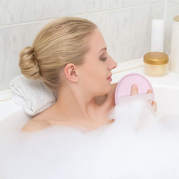 Boao 3 Pcs Bath Shower Pouf Sponge Mesh Pouf Shower Ball Exfoliating Body Sponge Pad Scrubber Glove with Flower Bath Ball (Beige,Green,Purple)