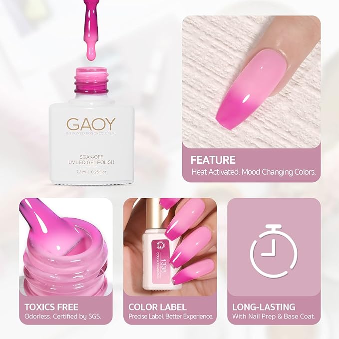 GAOY Color Changing Gel Nail Polish Set, 6 Temperature Mood Changing Colors Red Pink Purple, Soak Off UV Light Cure Gel Polish for Salon and Nail Art DIY at Home