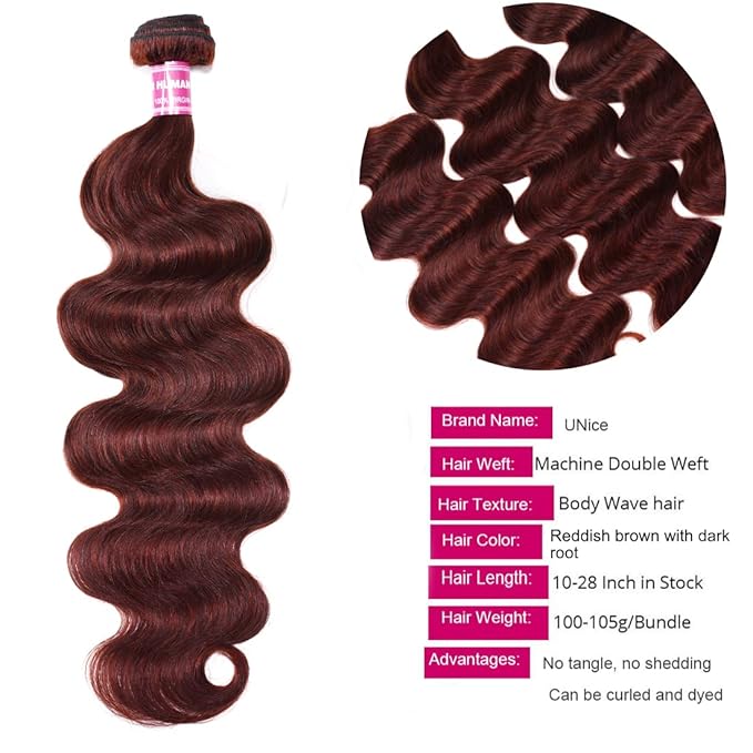 UNICE Reddish Brown Body Wave Human Hair 3 Bundles with 4x4 lace closure Free Part Brazilian Remy Hair Copper Red Wavy Bundles and Closure Colored Human Hair Extensions 18 18 18+18 inch Closure