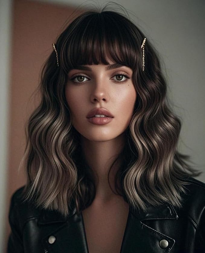 WAVE&BREEZE Short Gray Wigs with Bangs 14Inch Ombre Grey Mixed Brown Curly Bob Wig for Women Shoulder Length Natural Looking Hair Replacement Wig for Daily Party Use Cosplay Costume Halloween Wig