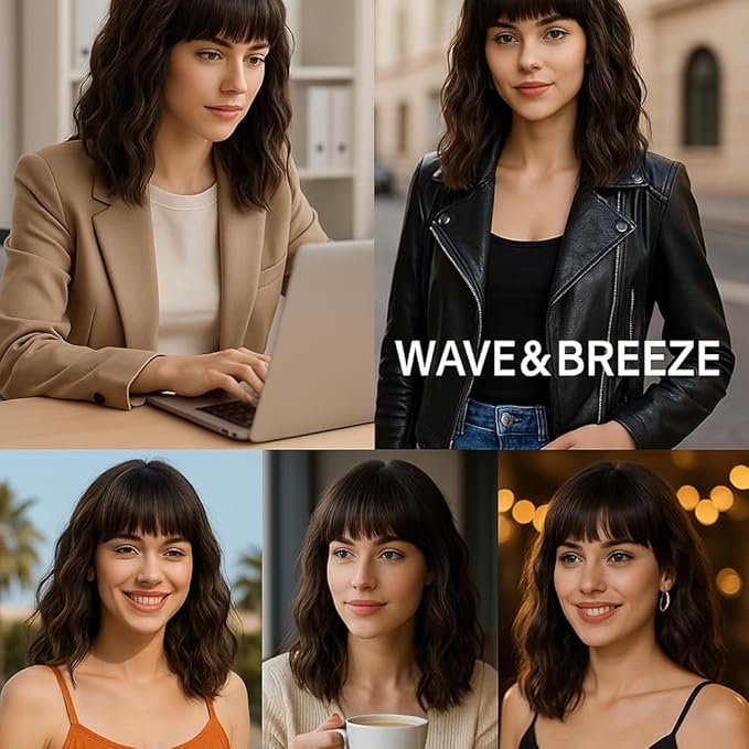 WAVE&BREEZE Short Brown Wavy Wigs with Bangs 14Inch Blonde Highlight Curly Bob Wig for Women Shoulder Length Natural Looking Hair Replacement Wig for Daily Party Use Cosplay Costume Halloween Wig