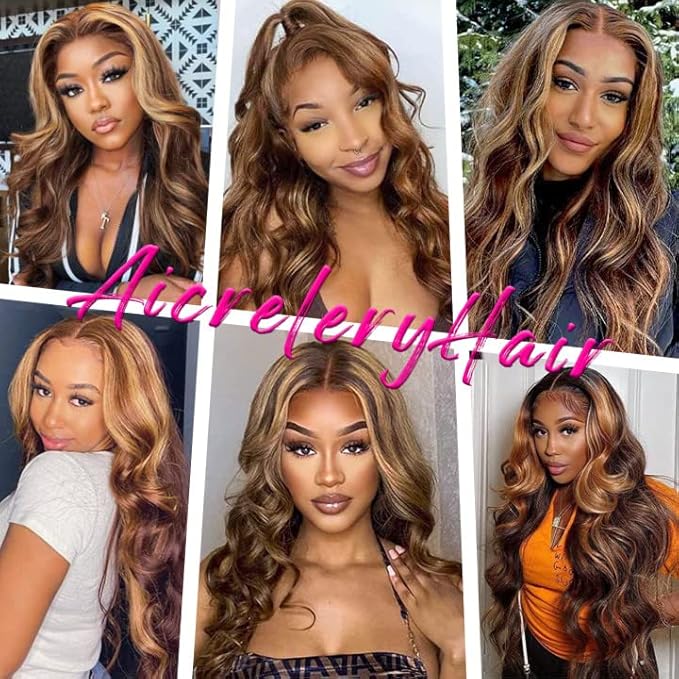 Aicrelery 32 Inch Highlight 13x6 Lace Front Wigs Human Hair Ombre P4/27 Colored Honey Blonde Frontal Wigs Pre Plucked with Baby Hair 180% Density Ombre Body Wave Human Hair Lace Front wig for Women