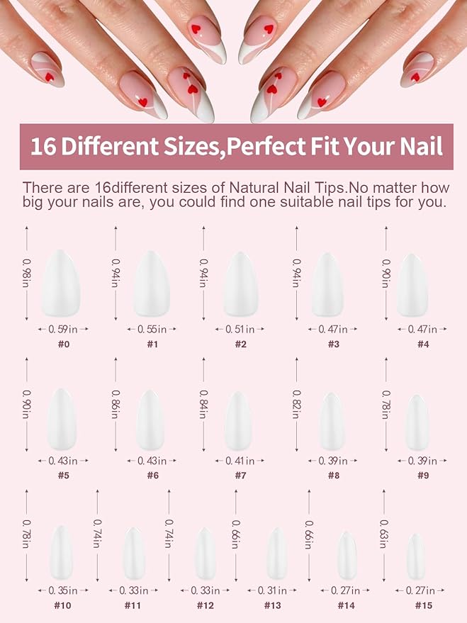 EBANKU Build on Apex Natural Nail Tips, 16 Sizes 160 PCS Middle Almond Clear Acrylic Full Cover Press on Nail Tips with Builder Glue, Pre-applied Tip Primer & Base Coat