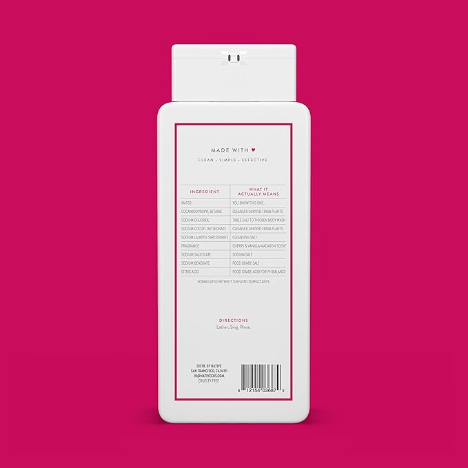 Native Body Wash Contains Naturally Derived Ingredients | For Women & Men, Sulfate, Paraben, & Dye Free Leaving Skin Soft and Hydrating | Cherry & Vanilla Macaron 18 oz