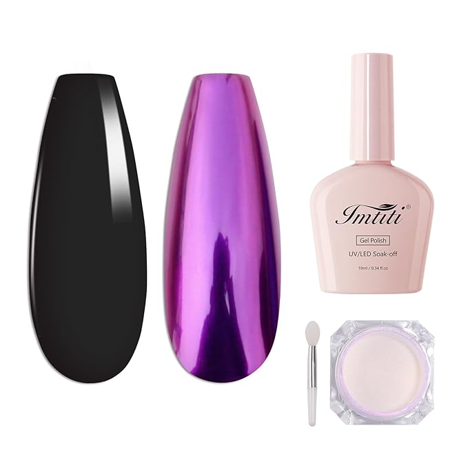 Imtiti Chrome Nail Powder with Black Gel Nail Polish Kit, 1g Purple Aurora Meatllic Mirror Effect Shimmer Powder and10ML Black Gel Polish for UV Nails Art DIY Kit