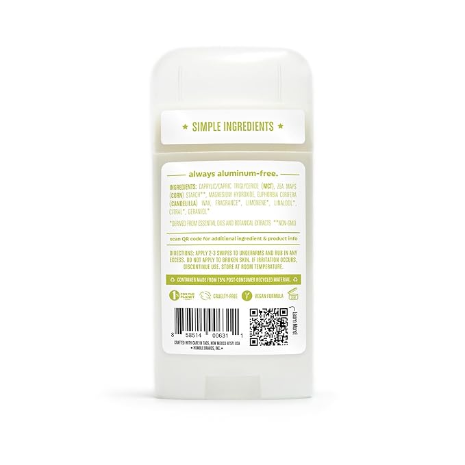 HUMBLE BRANDS Aluminum-Free Deodorant, Vegan and Cruelty- free, Formulated for Sensitive Skin, Bergamot & Ginger, 2.5 Ounce (Pack of 1)