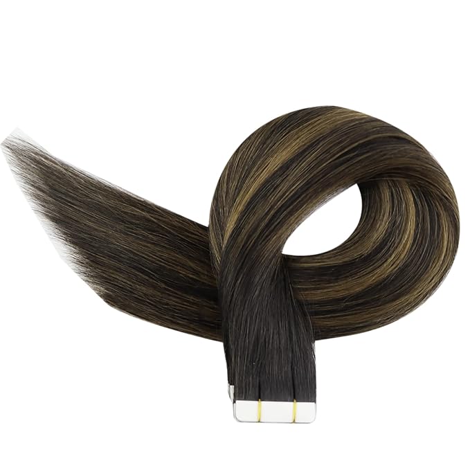 Full Shine Tape in Hair Extensions Human Hair 16 Inch Color 1B Off Black Ombre 6 Brown Highlight 1B Black Balayage 50g Double Sided Seamless Human Hair Extensions Tape in 20PCS for Party