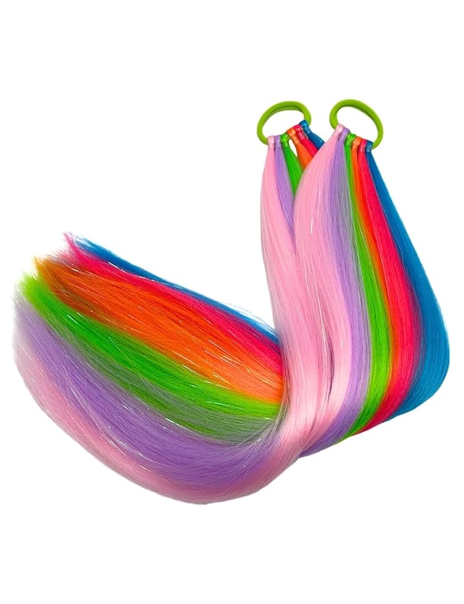 Colorful Hair Extensions for Braids Ponytail Extension 2 Packs, 20 inch Crazy Hair Day Accessories for Women, DIY Festival Wacky Rave Braids,Tinsel Mixed