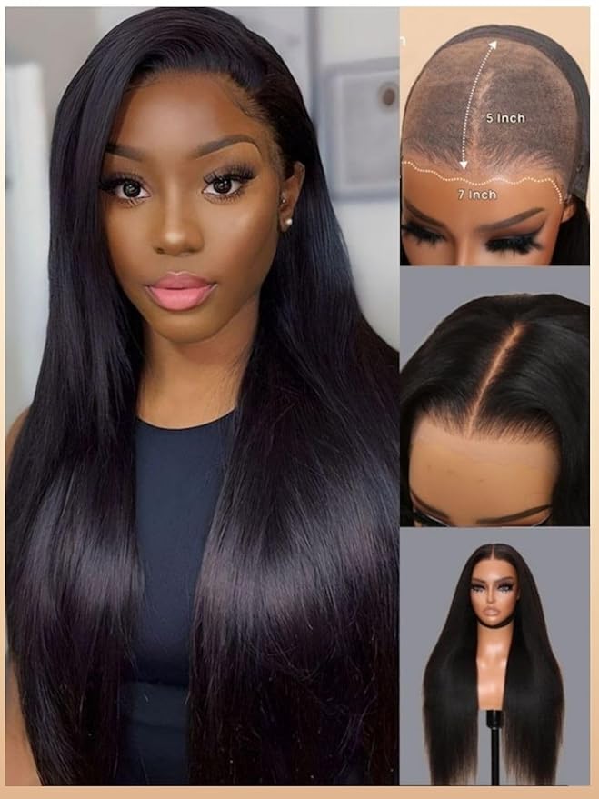 Nadula Bye Bye Knots Yaki Straight Glueless Wig Human Hair with Elastic Drawstring Pre Cut 7x5 Invisible Knots HD Lace Front Put on and Go Wigs Pre Everything Glueless Light Kinky Staight Wigs 18inch
