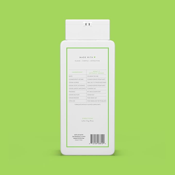 Native Body Wash Contains Naturally Derived Ingredients | For Women & Men, Sulfate, Paraben, & Dye Free Leaving Skin Soft and Hydrating | Key Lime & Sugar 18 oz
