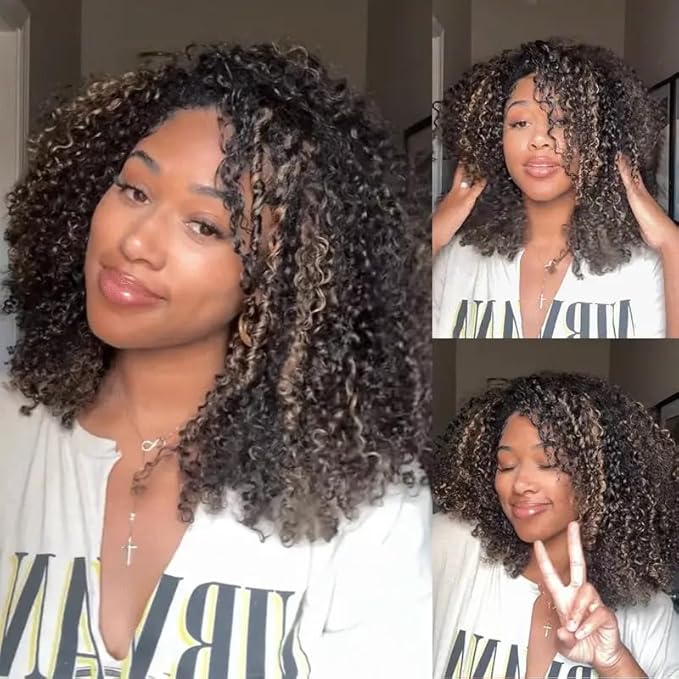 AMIRTY Curly Half Wig Human Hair 200% Density Head Band Wig Human Hair Curly 3 In 1 Half Wigs for Women Ombre Highlight Wear Go Glueless Wigs Human Hair 20 Inch