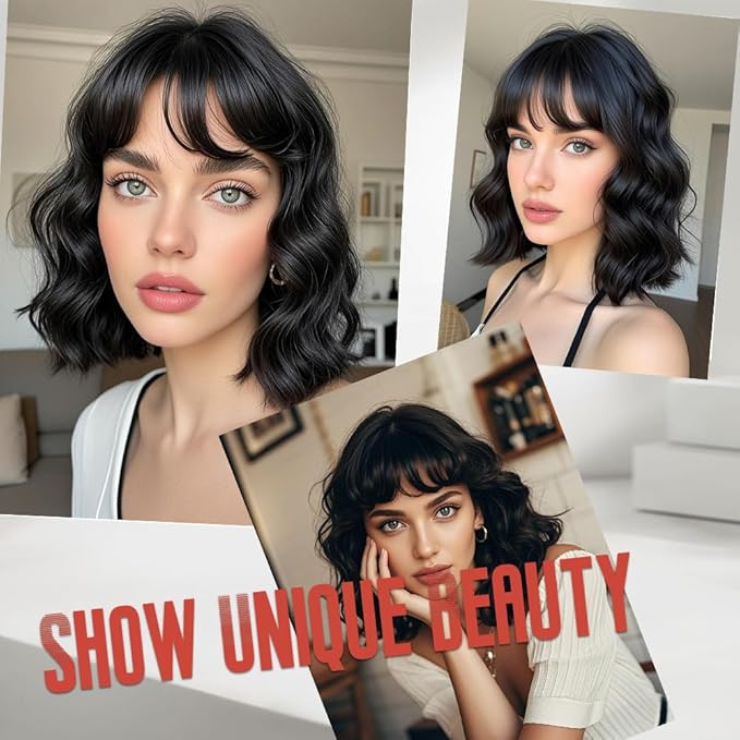 WAVE&BREEZE Black Wig with Bangs Short Wavy Bob Wigs for Women Natural Looking Synthetic Hair 14 Inch Shoulder Length Daily Wigs for Cosplay Party Use