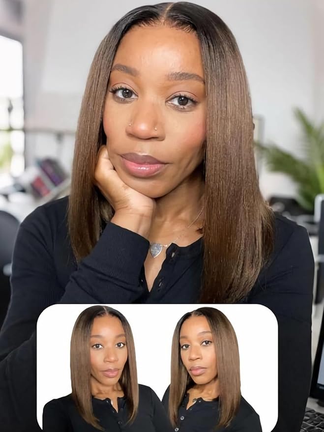 Julia Hair 12 Inch Chestnut Brown Ombre Yaki Straight Bob Wig Glueless Pre Cut 13X4 HD Lace Front Wig Human Hair with Dark Roots Pre Bleached Pre-Plucked with Ear Tape Ready to Go Short Yaki Wig