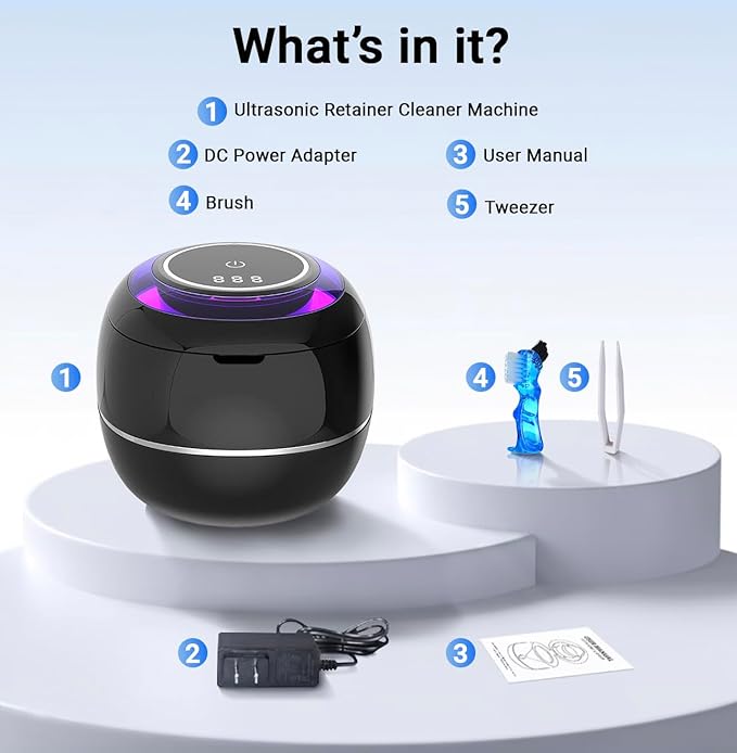 Ultrasonic Retainer Cleaner Machine – 42kHz Premium Quality Dental Cleaner for Dentures, Retainers, Jewelry, and More – 180ML Tank, Dual Modes, Digital Timer, Portable (Black)