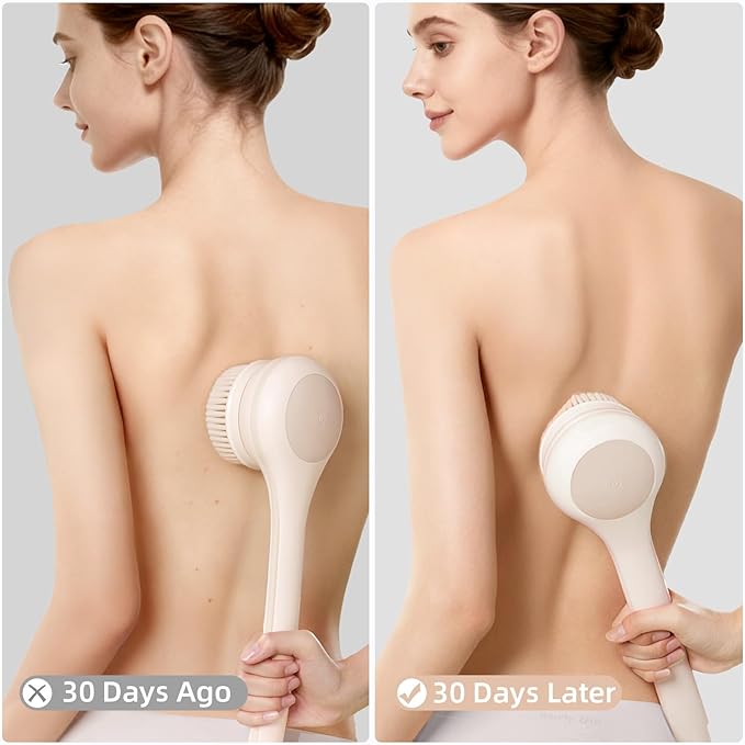 Electric Body Brush Back Scrubber for Shower, Waterproof Long Dual Handle Power Body Scrubber with 3 Heads, Rechargeable Bath Brush & 2 Speeds, for Cleansing, Exfoliating and Massaging Skin