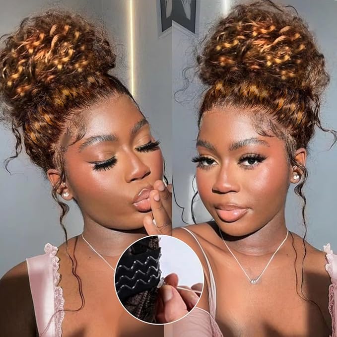 AMIRTY Hidden Strap 360 Lace Front Wigs Human Hair 250 Density Highlight Curly Human Hair Wig Pre Plucked Bleached Tiny Knots Honey Blonde Full Lace Frontal Wig with Invisible Drawstring24Inch
