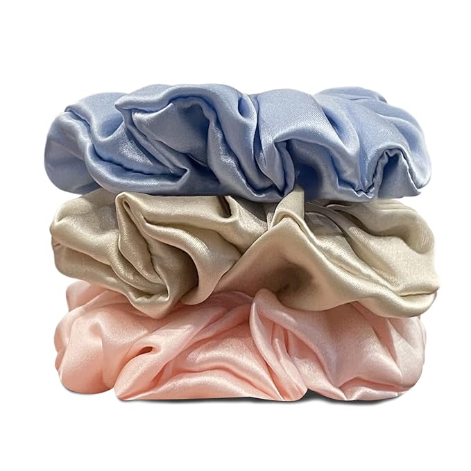 Suncdelv Silk,100% Silk Scrunchies for Hair,22 Momme Hair Ties for Anti-Crease & Breakage,Natural Women Hair Accessories,Fashion Hairbands 3PCS(Pink,Blue,Khaki)