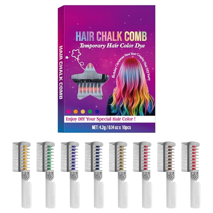 Festive Fun Hair Chalk Combs, 2026 DIY Temporary Hair Color, Colors Instant Hair Color Comb For All Ages For Birthday Party, Christmas Cosplay (10 Colors)