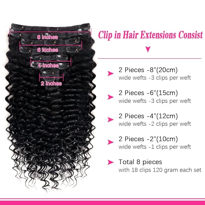Deep Wave Clip in Hair Extensions for Black Women Brazilian Virgin Human Hair Extensions 8Pcs Remy Hair Extensions Clip in Human Hair with 18Clips 120g (12inch, Natural Black)