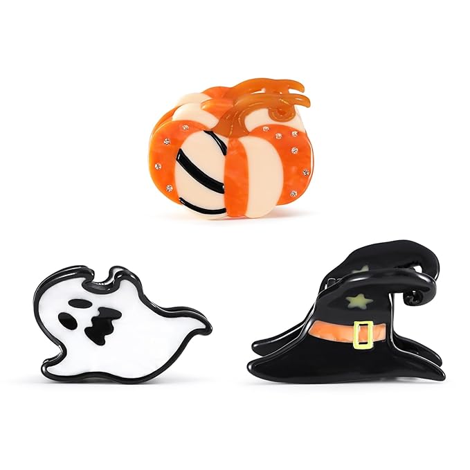 Mini Cute Acetate Hair Claw Clips for Women- Italian Designed Original Handmade Vintage Halloween Hair Accessories- Pumpkin, Witch Hat, Ghost, Nonslip, Plant-Based, Gift Boxed, 3-Pack