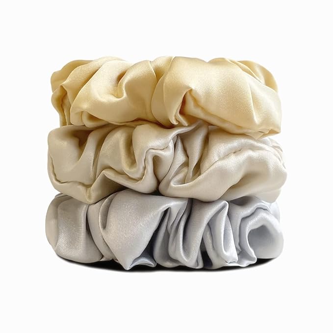 Suncdelv Silk,100% Silk Scrunchies for Hair,22 Momme Hair Ties for Anti-Crease & Breakage,Natural Women Hair Accessories,Fashion Hairbands 3PCS(Grey, gold, khaki)))