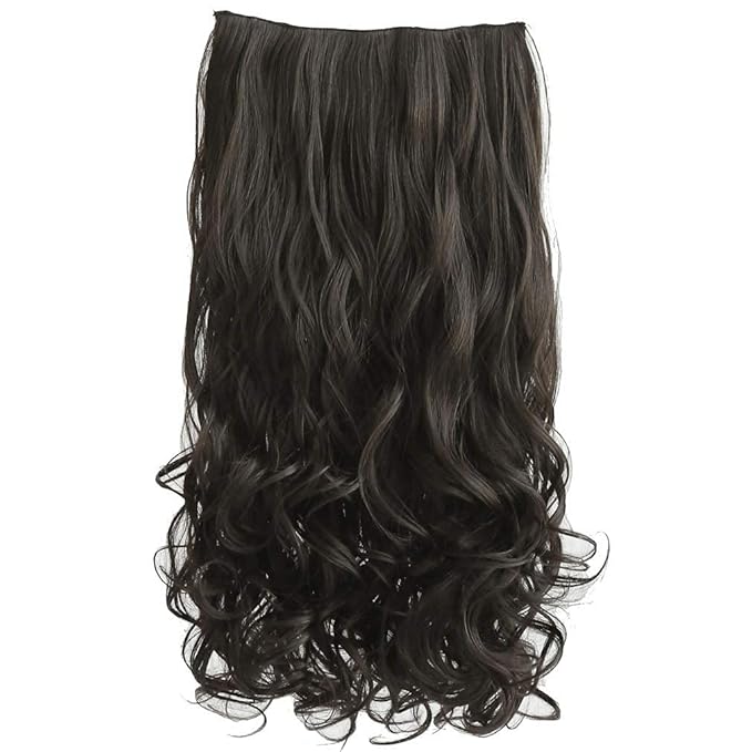 REECHO 16" 1-Pack 3/4 Full Head Curly Wavy Clips in on Synthetic Hair Extensions HE008 Hairpieces for Women 5 Clips 3.9 Oz per Piece - Black Brown
