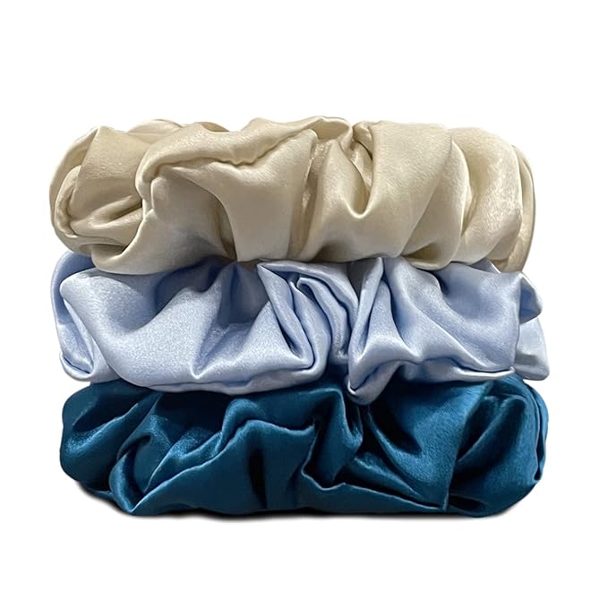Suncdelv Silk,100% Silk Scrunchies for Hair,22 Momme Hair Ties for Anti-Crease & Breakage,Natural Women Hair Accessories,Fashion Hairbands 3PCS(Sapphire Blue)