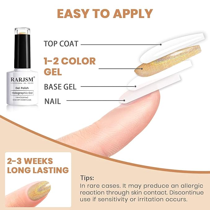 RARJSM Holographic Nail Polish Shimmer Gold Gel Polish Unicorn Effect Nail Gel 7.5ML Curing Required Nail Art Colors Home GelManicure