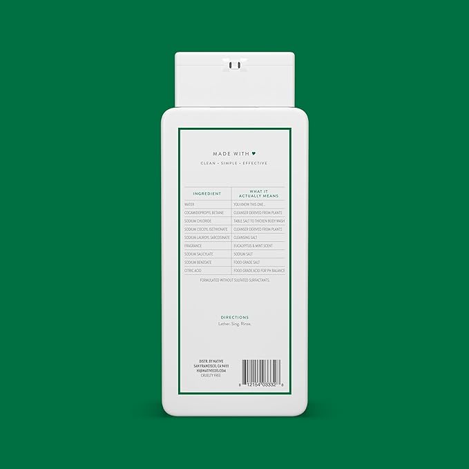 Native Body Wash Contains Naturally Derived Ingredients | For Women & Men, Sulfate, Paraben, & Dye Free Leaving Skin Soft and Hydrated | Eucalyptus & Mint 18 oz