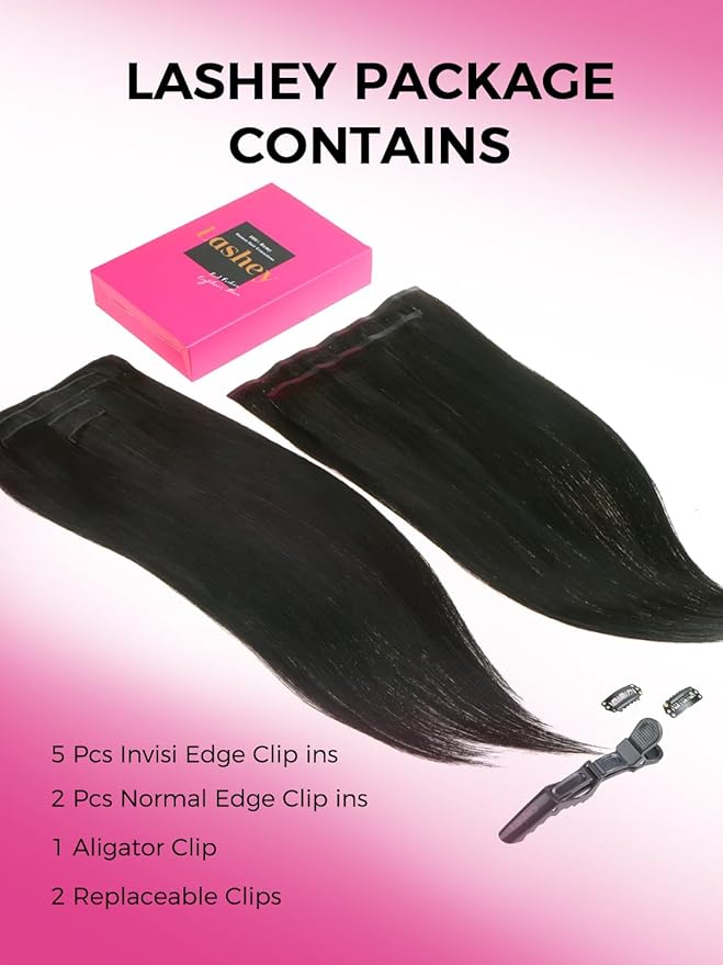 Lashey Invisi Edge & Seamless Clip in Hair Extensions Human Hair, 18 Inch 110g 7pcs(5pcs Invisi Edge& 2pcs Seamless) Real Virgin Human Hair Extensions, Natural Black Straight Hair