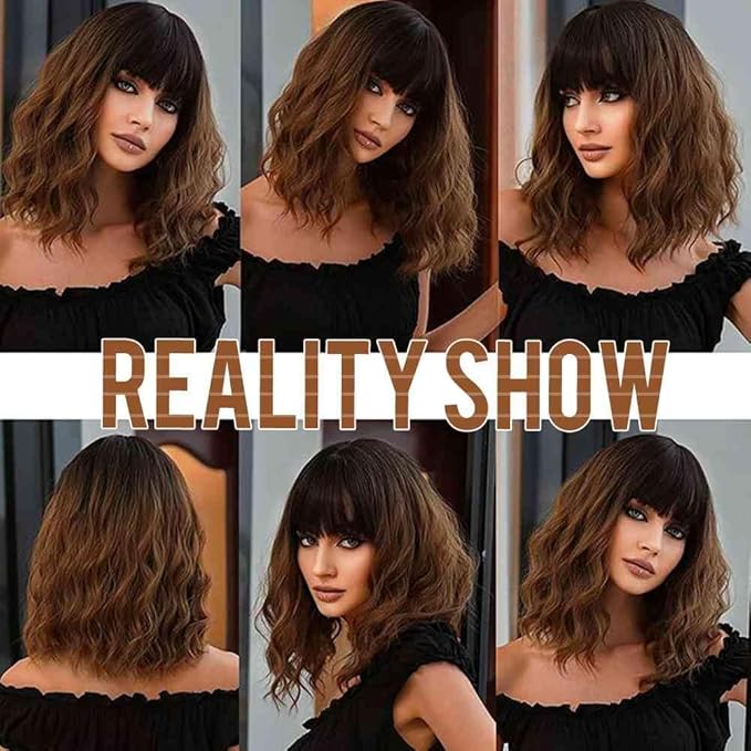 WAVE&BREEZE Bob Wig with Bangs Short Wavy Wigs for Women Medium Length Black To Brown Daily Hair Natural Looking Heat Resistant Synthetic Fibre Cosplay Party Halloween Costume Wig