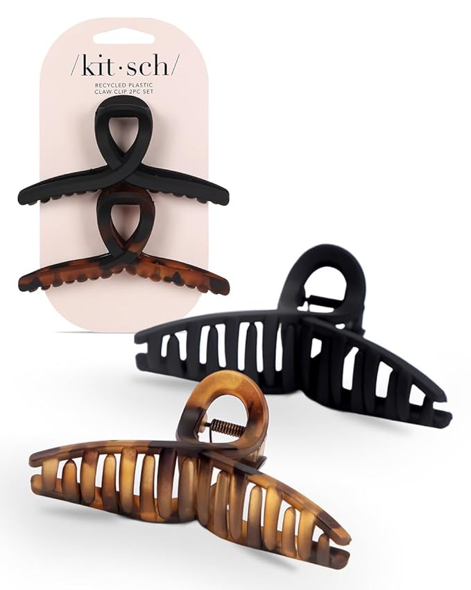 Kitsch Large Hair Clips for Women - Fashionable Loop Hair Claw Clips | Matte Plastic, Easy-Grip | Perfect for Everyday Use & Special Occasions | Ideal Gifts for Women - Tortoise & Black, 2 Pcs